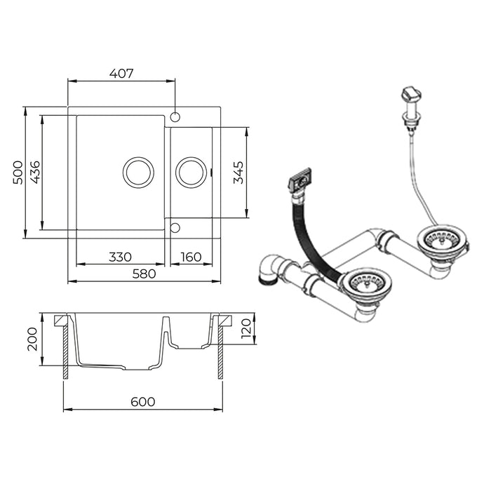 Bergström Lavello Calcestruzzo 58 x 50 cm con 2 lavelli