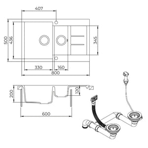 Bergström Lavello Nero 80 x 50 cm con 2 lavandini e zona di asciugatura