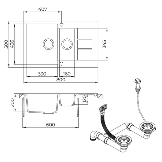 Bergström Lavello Nero 80 x 50 cm con 2 lavandini e zona di asciugatura