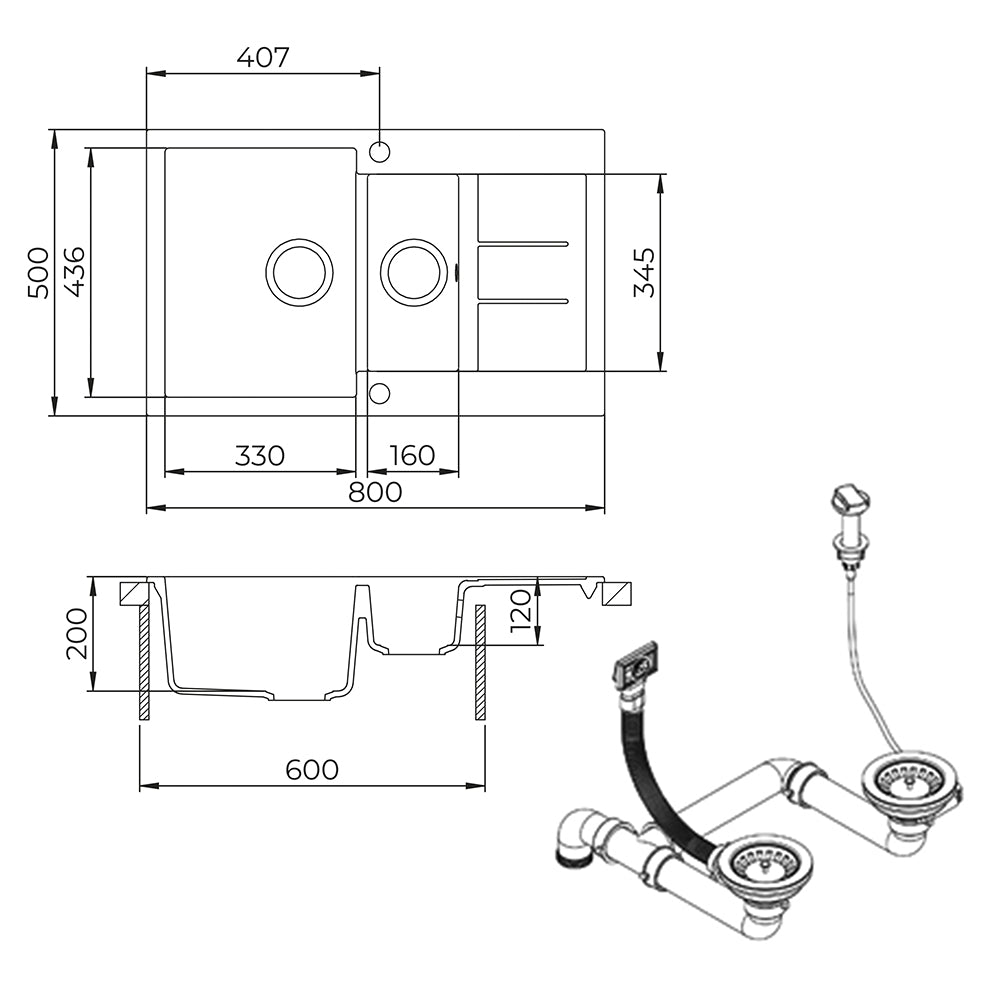 Bergström Lavello Grigio 80 x 50 cm con area di asciugatura