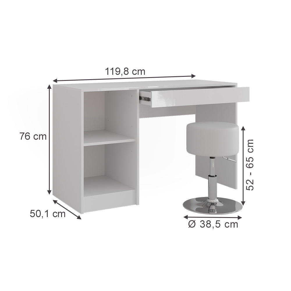 Vicco Tavolo da toeletta Bianco/bianco lucido 119.8 cm con sgabello
