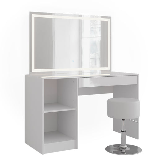 Vicco Tavolo da toeletta Bianco/bianco lucido 119.8 cm con illuminazione a LED e sgabello