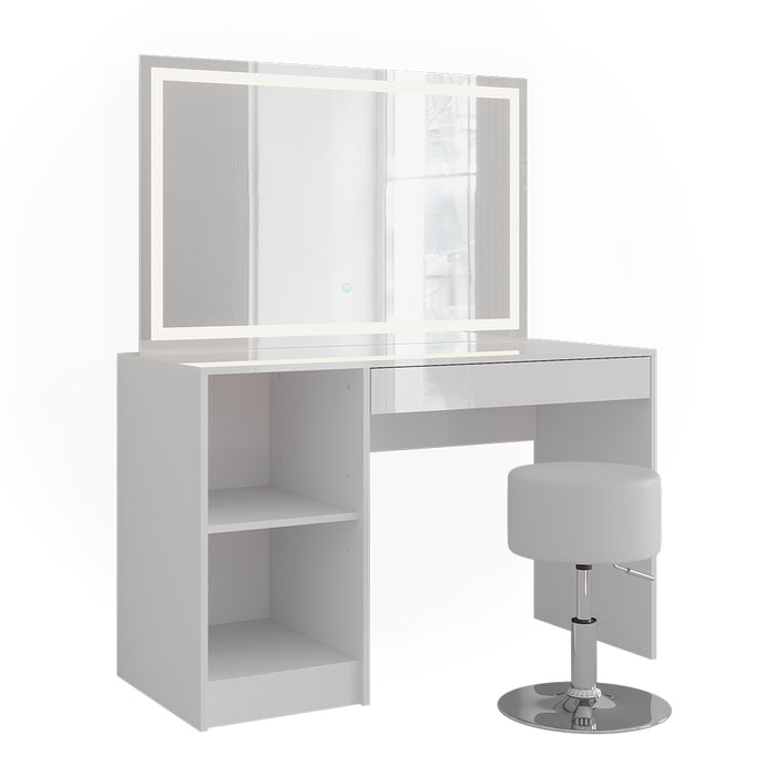 Vicco Tavolo da toeletta Bianco/bianco lucido 119.8 cm con illuminazione a LED e sgabello
