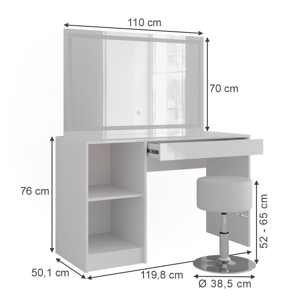 Vicco Tavolo da toeletta Bianco/bianco lucido 119.8 cm con illuminazione a LED e sgabello