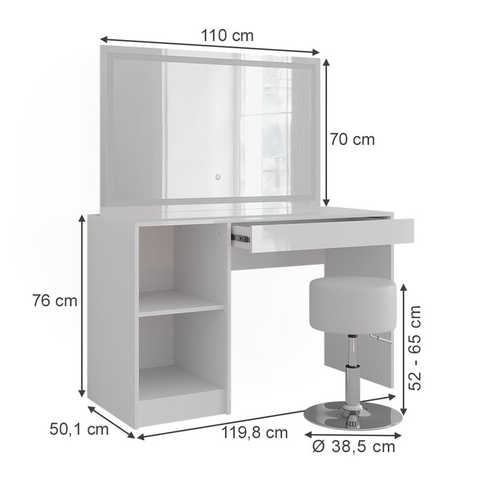 Vicco Tavolo da toeletta Bianco/bianco lucido 119.8 cm con illuminazione a LED e sgabello