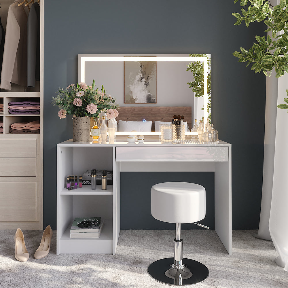 Vicco Tavolo da toeletta Bianco/bianco lucido 119.8 cm con illuminazione a LED e sgabello