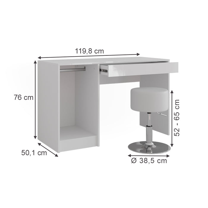Vicco Tavolo da toeletta Bianco/bianco lucido 119.8 cm con sgabello