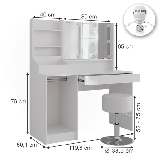 Vicco Tavolo da toeletta Bianco/bianco lucido 119.8 cm 5 parti