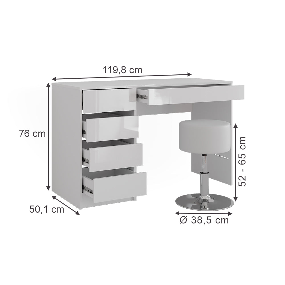 Vicco Tavolo da toeletta Bianco/bianco lucido 119.8 cm con sgabello