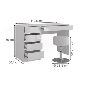Vicco Tavolo da toeletta Bianco/bianco lucido 119.8 cm con sgabello
