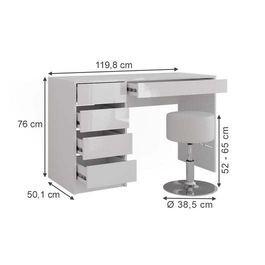 Vicco Tavolo da toeletta Bianco/bianco lucido 119.8 cm con sgabello