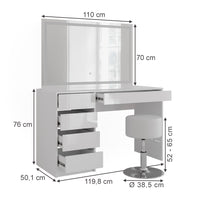 Vicco Tavolo da toeletta Bianco/bianco lucido 119.8 cm con specchio LED e sgabello