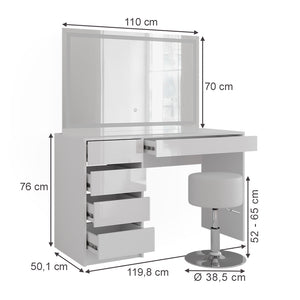 Vicco Tavolo da toeletta Bianco/bianco lucido 119.8 cm con specchio LED e sgabello