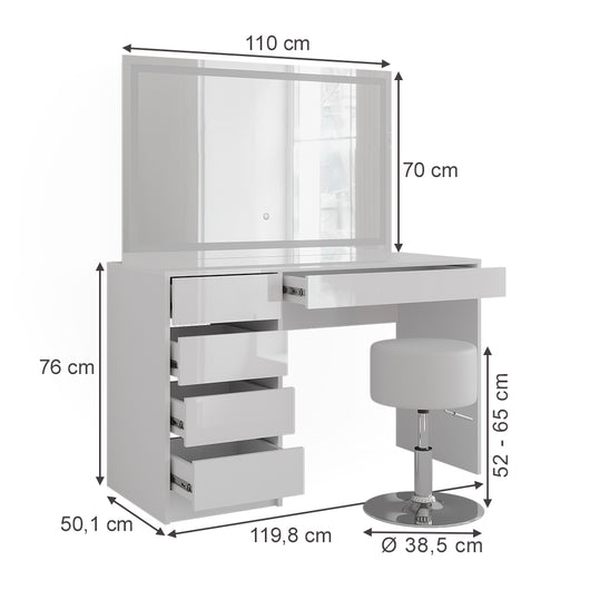Vicco Tavolo da toeletta Bianco/bianco lucido 119.8 cm con specchio LED e sgabello