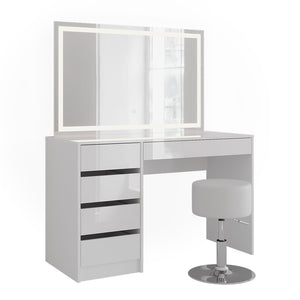 Vicco Tavolo da toeletta Bianco/bianco lucido 119.8 cm con specchio LED e sgabello