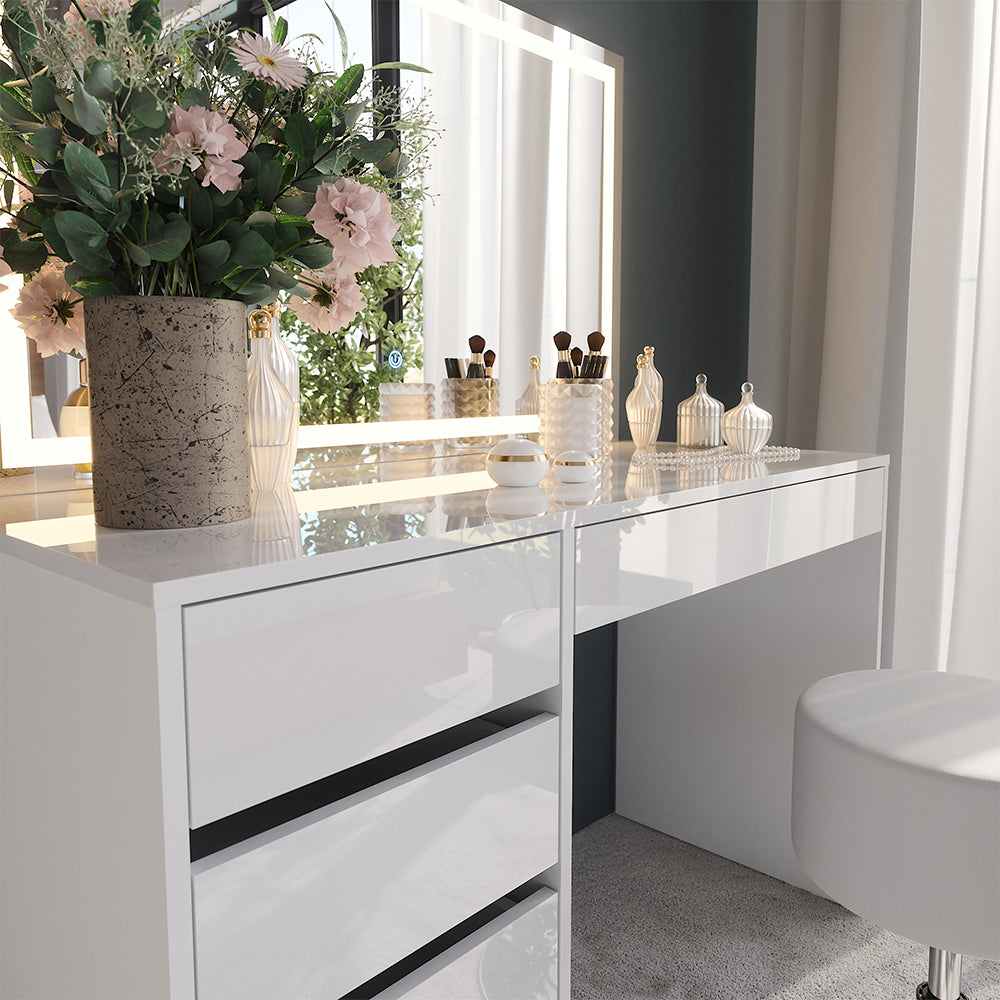 Vicco Tavolo da toeletta Bianco/bianco lucido 119.8 cm con specchio LED e sgabello