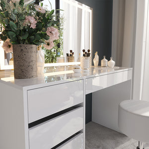 Vicco Tavolo da toeletta Bianco/bianco lucido 119.8 cm con specchio LED e sgabello