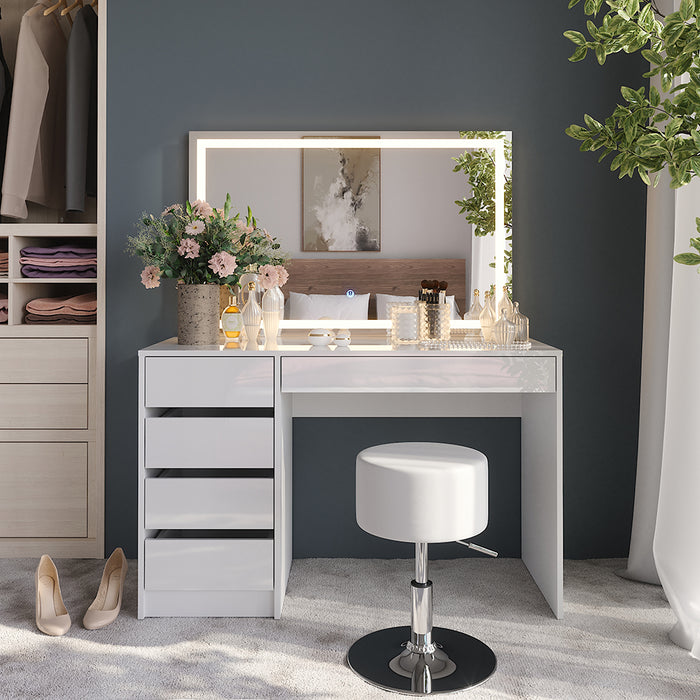 Vicco Tavolo da toeletta Bianco/bianco lucido 119.8 cm con specchio LED e sgabello