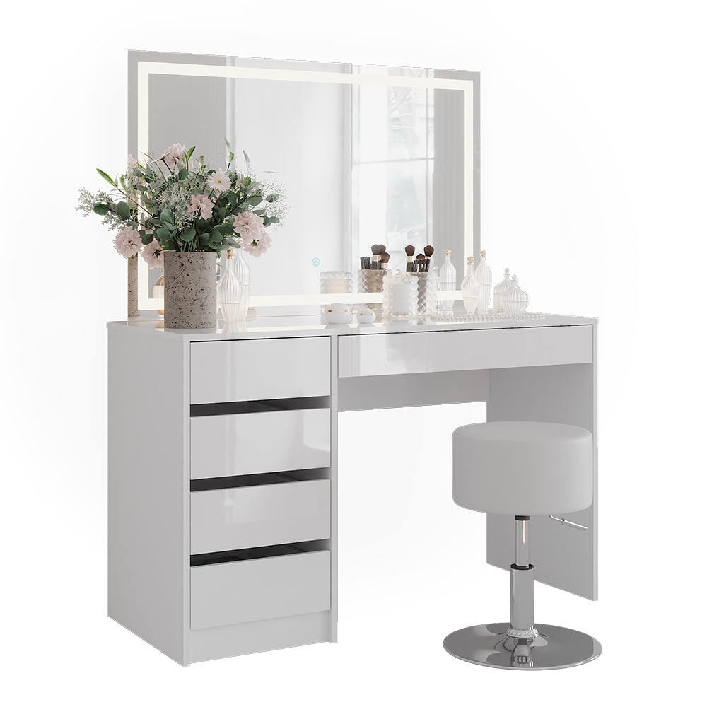 Vicco Tavolo da toeletta Bianco/bianco lucido 119.8 cm con specchio LED e sgabello