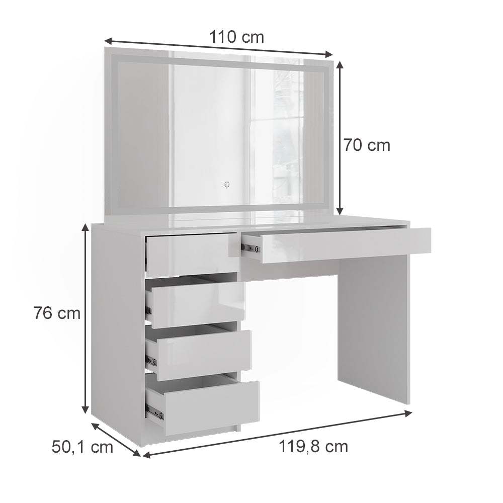 Vicco Tavolo da toeletta Bianco/bianco lucido 119.8 cm con specchio LED