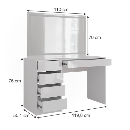 Vicco Tavolo da toeletta Bianco/bianco lucido 119.8 cm con specchio LED