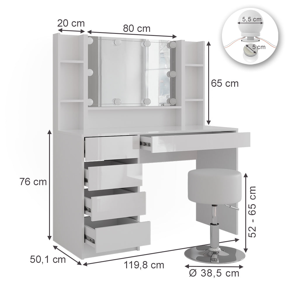 Vicco Tavolo da toeletta Bianco/bianco lucido 119.8 cm 5 parti