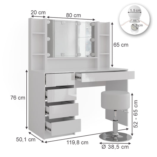 Vicco Tavolo da toeletta Bianco/bianco lucido 119.8 cm 5 parti