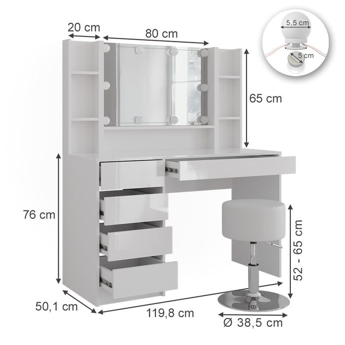 Vicco Tavolo da toeletta Bianco/bianco lucido 119.8 cm 5 parti