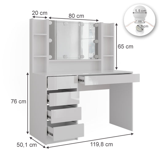 Vicco Tavolo da toeletta Bianco/bianco lucido 119.8 cm 5 parti