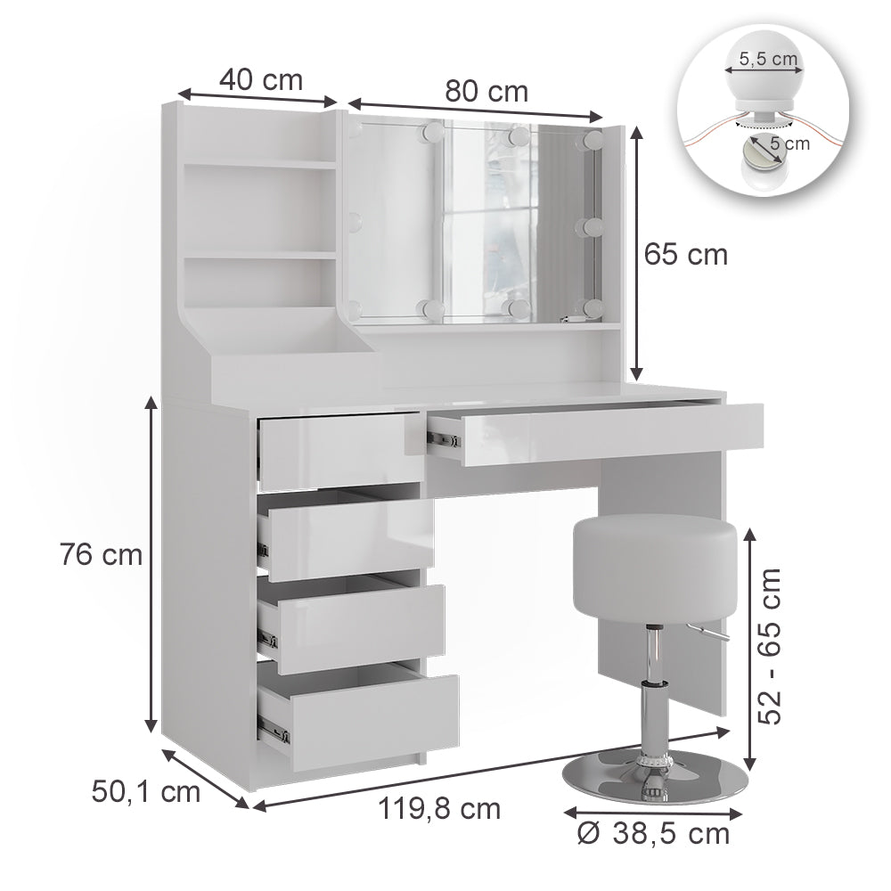Vicco Tavolo da toeletta Bianco/bianco lucido 119.8 cm 4 parti