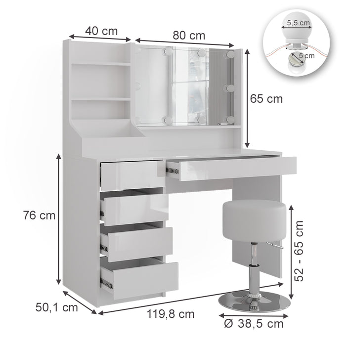 Vicco Tavolo da toeletta Bianco/bianco lucido 119.8 cm 4 parti