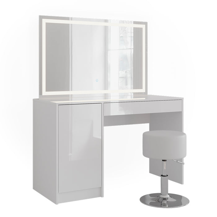 Vicco Tavolo da toeletta Bianco/bianco lucido 119.8 cm con specchio LED e sgabello