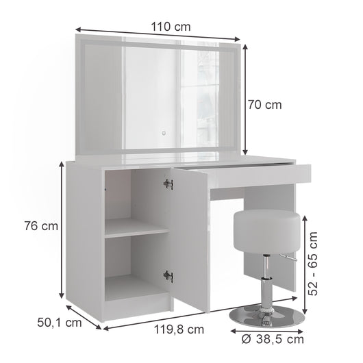 Vicco Tavolo da toeletta Bianco/bianco lucido 119.8 cm con specchio LED e sgabello