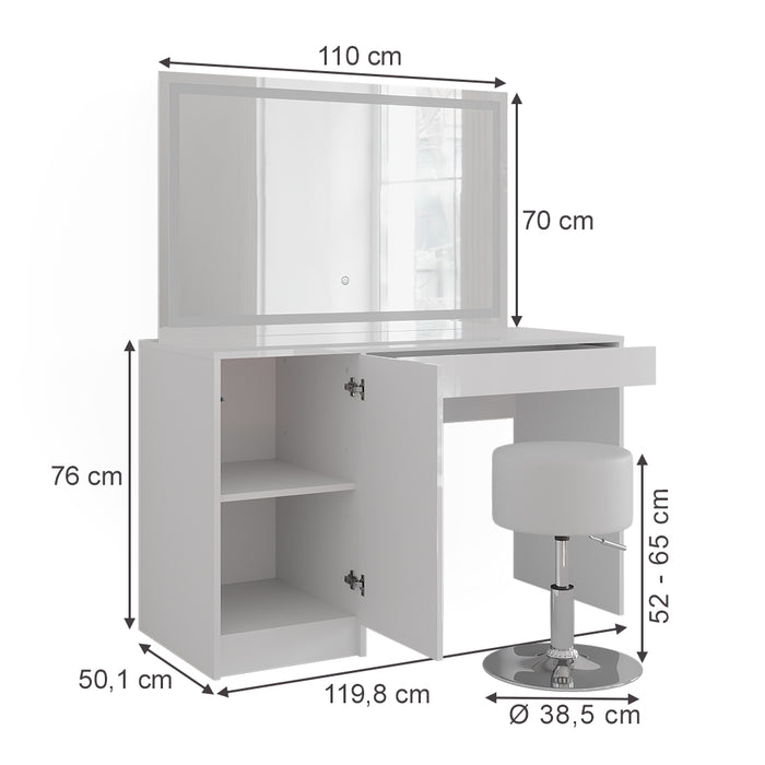 Vicco Tavolo da toeletta Bianco/bianco lucido 119.8 cm con specchio LED e sgabello