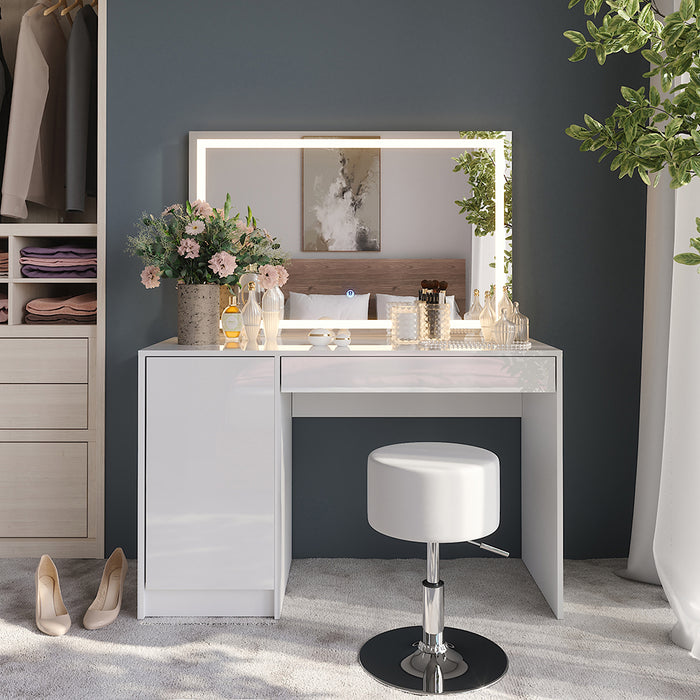 Vicco Tavolo da toeletta Bianco/bianco lucido 119.8 cm con specchio LED e sgabello