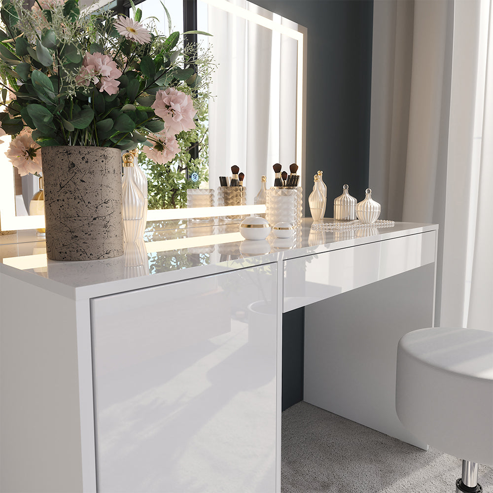 Vicco Tavolo da toeletta Bianco/bianco lucido 119.8 cm con specchio LED e sgabello