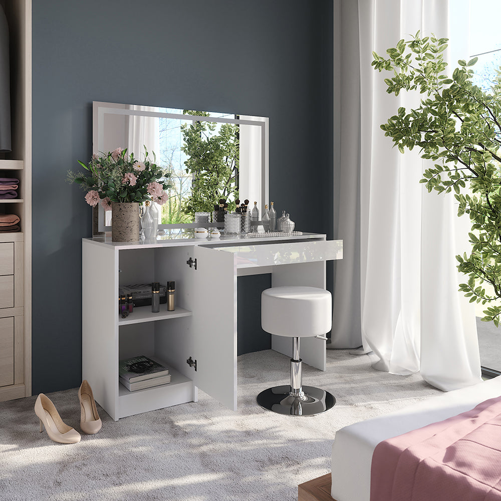 Vicco Tavolo da toeletta Bianco/bianco lucido 119.8 cm con specchio LED e sgabello