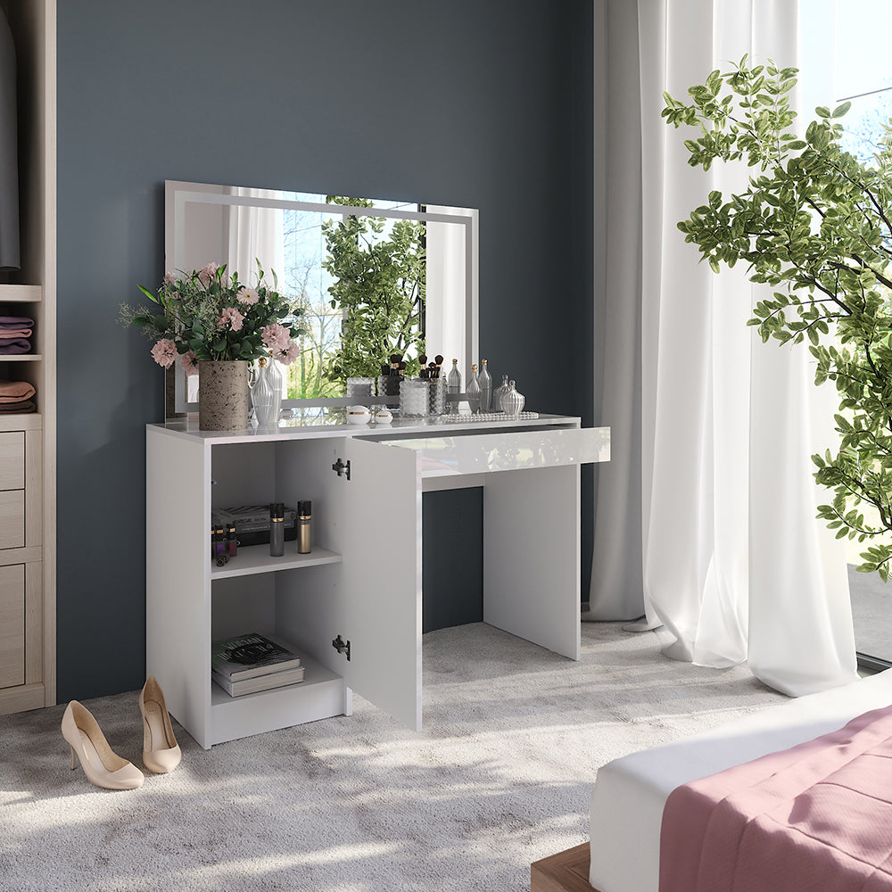 Vicco Tavolo da toeletta Bianco/bianco lucido 119.8 cm con specchio LED