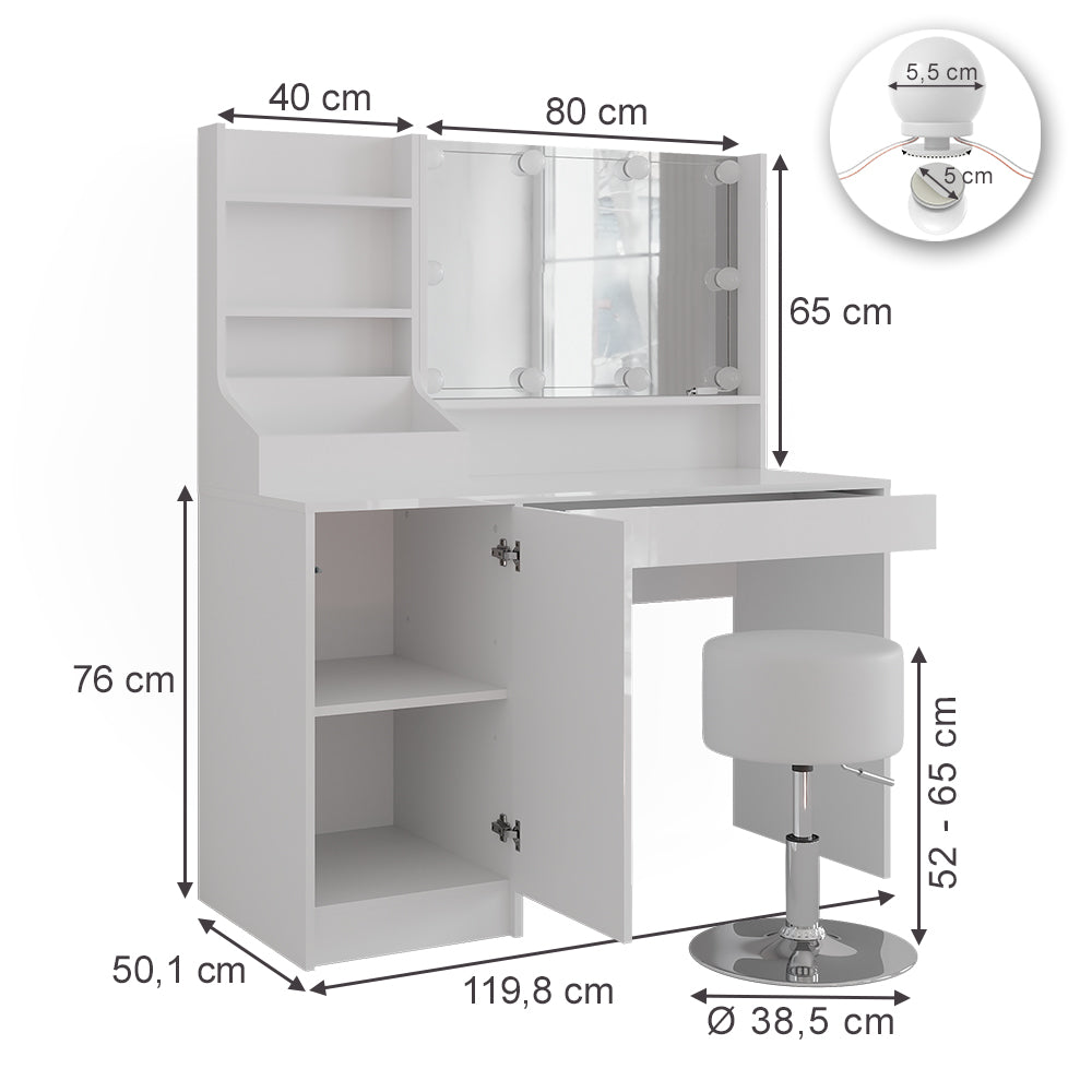 Vicco Tavolo da toeletta Bianco/bianco lucido 119.8 cm 5 parti