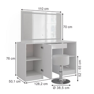 Vicco Tavolo da toeletta Bianco/bianco lucido 128.2 cm con specchio LED e sgabello