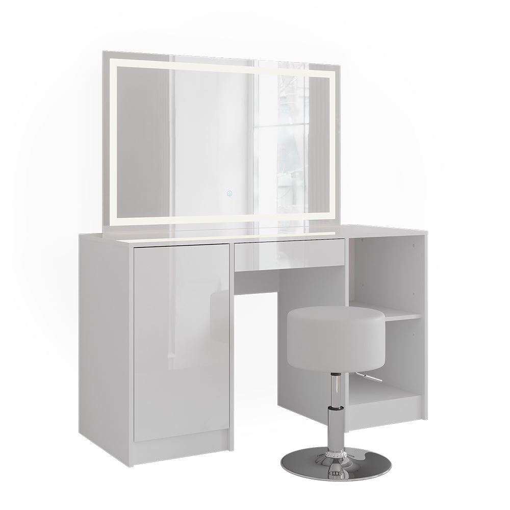Vicco Tavolo da toeletta Bianco/bianco lucido 128.2 cm con specchio LED e sgabello