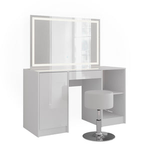 Vicco Tavolo da toeletta Bianco/bianco lucido 128.2 cm con specchio LED e sgabello