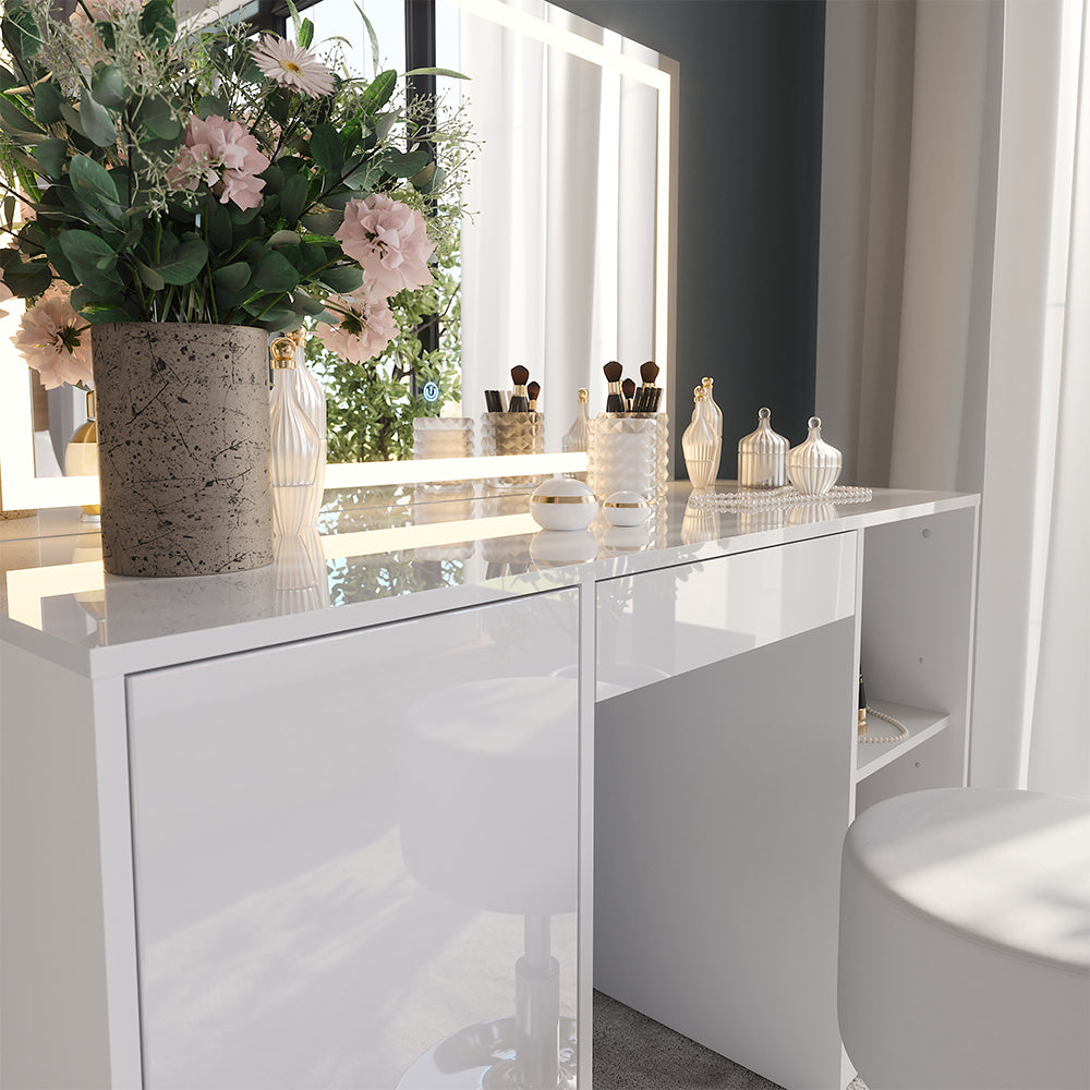 Vicco Tavolo da toeletta Bianco/bianco lucido 128.2 cm con specchio LED e sgabello
