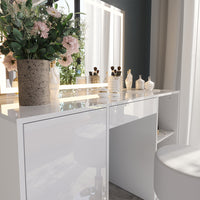 Vicco Tavolo da toeletta Bianco/bianco lucido 128.2 cm con specchio LED e sgabello