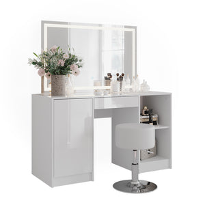 Vicco Tavolo da toeletta Bianco/bianco lucido 128.2 cm con specchio LED e sgabello