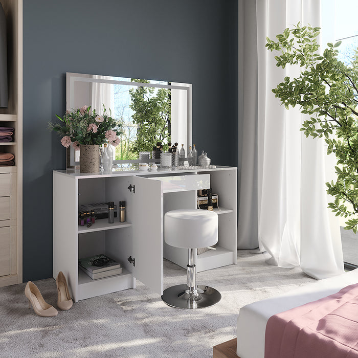 Vicco Tavolo da toeletta Bianco/bianco lucido 128.2 cm con specchio LED e sgabello