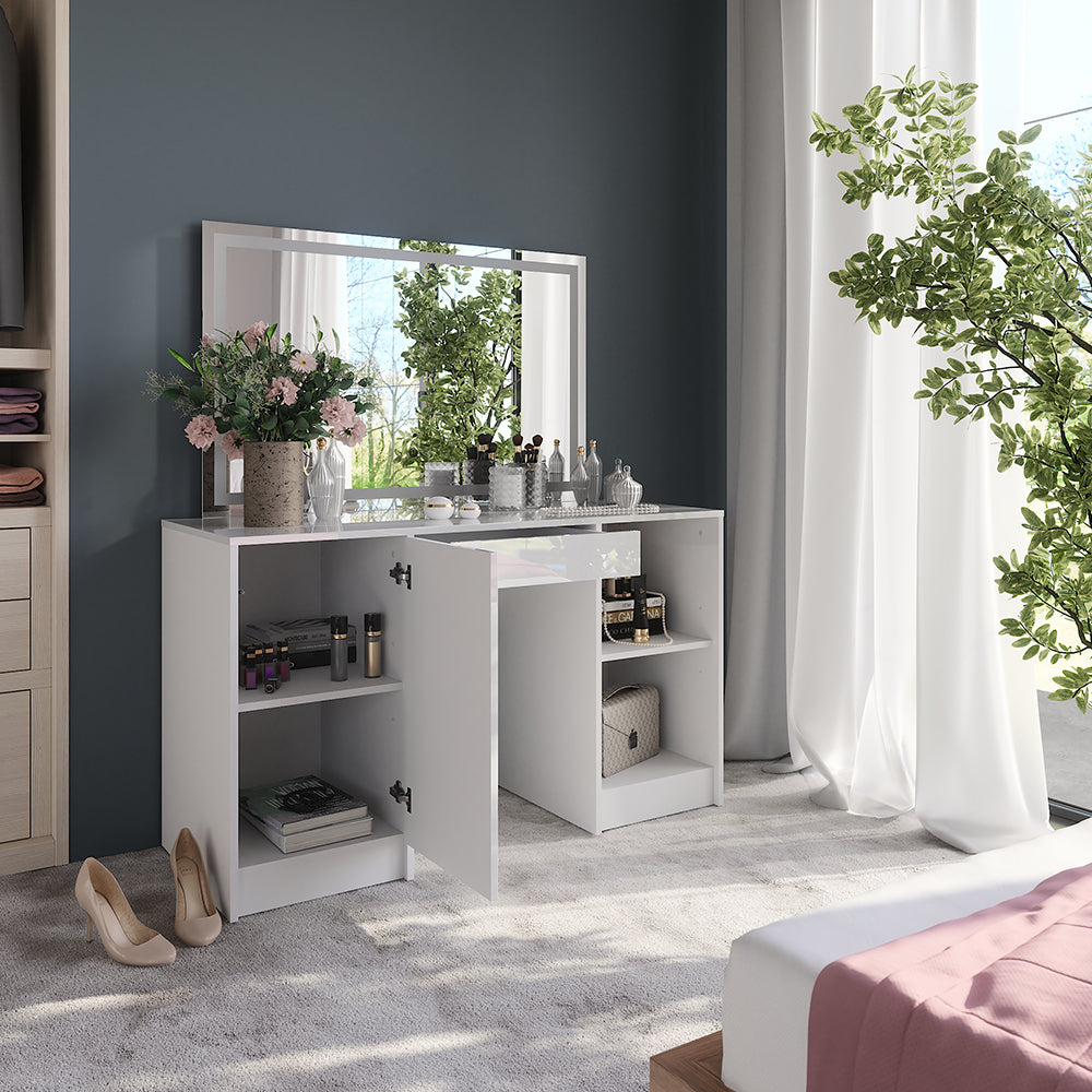 Vicco Tavolo da toeletta Bianco/bianco lucido 128.2 cm con specchio LED