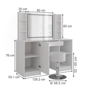 Vicco Tavolo da toeletta Bianco/bianco lucido 128.2 cm con specchio LED e sgabello