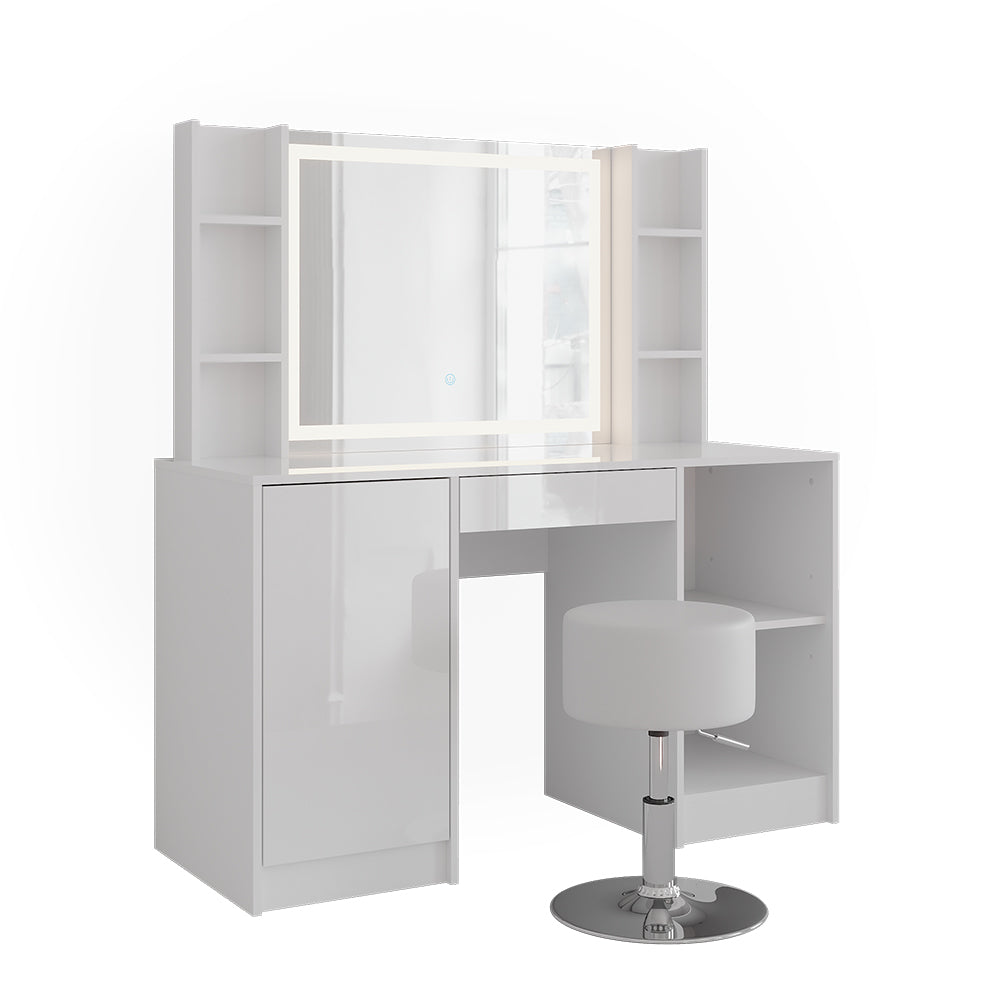 Vicco Tavolo da toeletta Bianco/bianco lucido 128.2 cm con specchio LED e sgabello