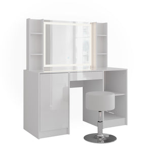 Vicco Tavolo da toeletta Bianco/bianco lucido 128.2 cm con specchio LED e sgabello